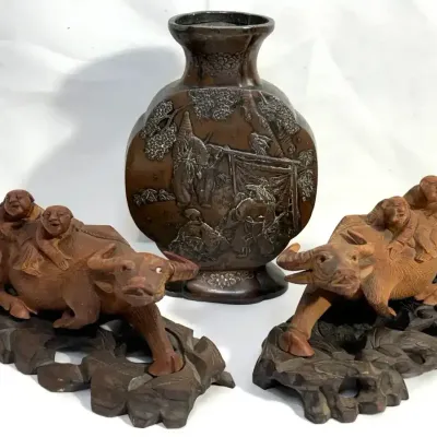 Antique Cast Bronze Vase & Pair of Carved Wood Water Buffalo