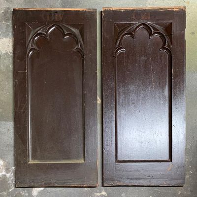 Pr. of carved antique church pew ends