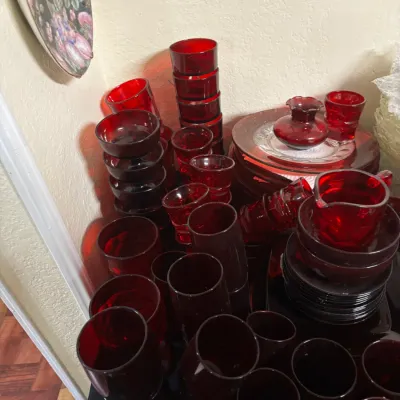 Sale Photo Thumbnail #73: Vintage ruby red depression glass dinnerware set