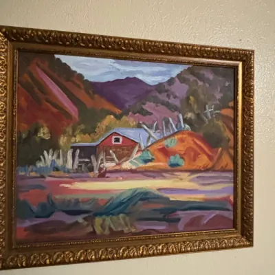 Sale Photo Thumbnail #30: Oil painting of barn in mountain landscape