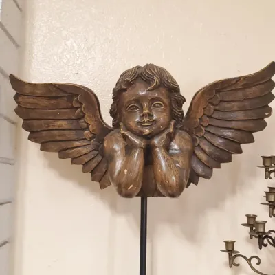 Sale Photo Thumbnail #90: Carved wood cherub wall plaque on stand