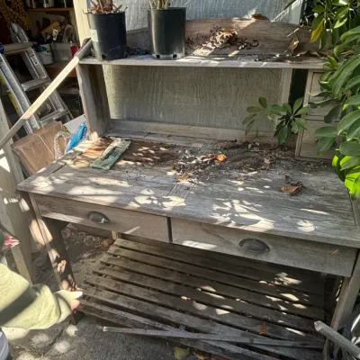 Sale Photo Thumbnail #76: Vintage wooden potting bench with hutch