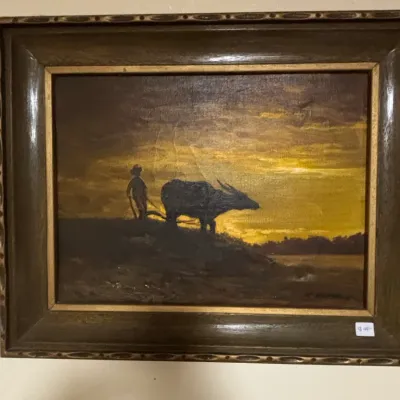 Sale Photo Thumbnail #31: Oil painting of farmer and water buffalo