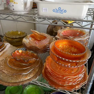 Sale Photo Thumbnail #93: Collection of vintage marigold carnival glass and assorted tableware