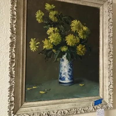 Sale Photo Thumbnail #55: Still life oil painting with chrysanthemums in blue and white vase