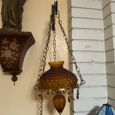 Sale Photo Thumbnail #59: Vintage amber quilted diamond glass swag lamp