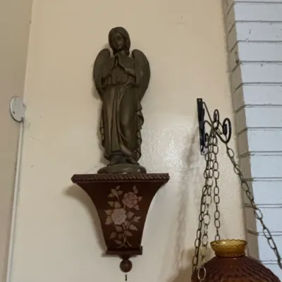 Sale Photo Thumbnail #72: Vintage praying angel figurine on floral wall bracket