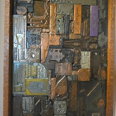 Framed Vintage Letterpress Printing Block Assemblage Art