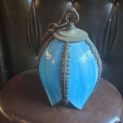 Sale Photo Thumbnail #142: Vintage Blue Slag Glass Tulip Swag Pendant Lamp
