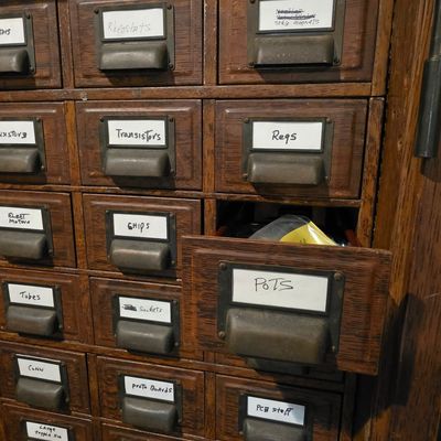 Vintage Oak Industrial Parts Cabinet