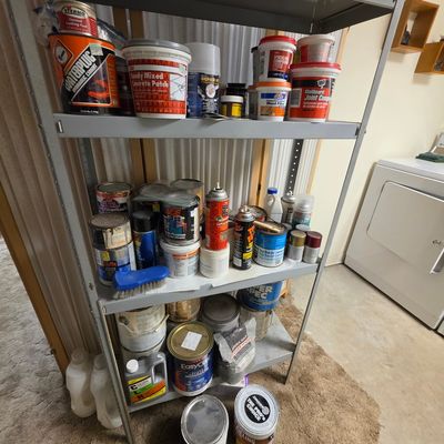 Sale Photo Thumbnail #181: Assorted Home Improvement Supplies and Metal Shelving Unit