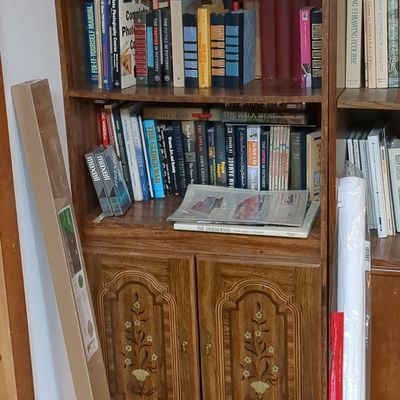 Vintage Oak Bookcase with Floral Inlay Doors