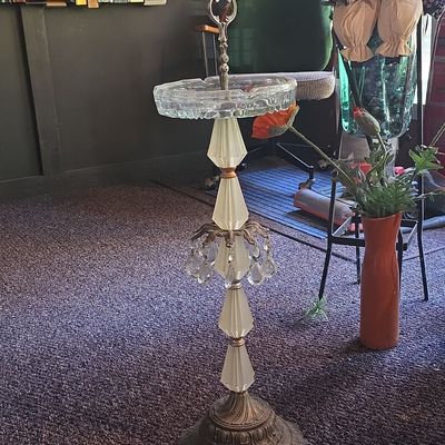Vintage Hollywood Regency Crystal and Brass Floor Ashtray Stand