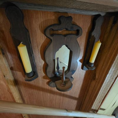 Sale Photo Thumbnail #259: Vintage Wooden Wall Sconce and Mirrored Shelf Set