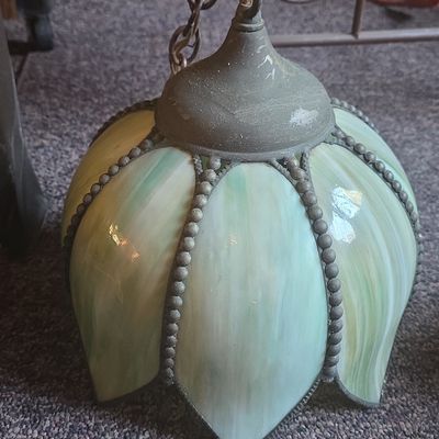 Sale Photo Thumbnail #134: Mid-Century Green Slag Glass Tulip Pendant Lamp