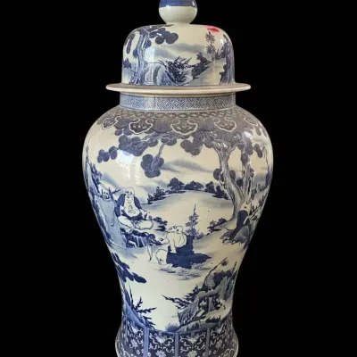Sale Photo Thumbnail #4: Large blue and white porcelain temple jar with landscape scene copy