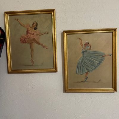 Sale Photo Thumbnail #43: Pair of vintage framed ballerina prints, depicting dancers in pink and blue tutus set in matching ornate gold frames.
