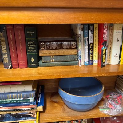 Sale Photo Thumbnail #58: Wooden bookcase filled with a varied collection of hardcover books, vintage medical reference guides, fiction novels, and a large blue ceramic mixing bowl.