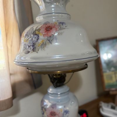 Sale Photo Thumbnail #41: Vintage Gone with the Wind style electric table lamp featuring iridescent milk glass with floral painting and ruffled shade.