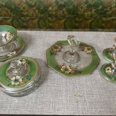 Sale Photo Thumbnail #2: Vintage hand-painted green glass table set, including a covered dish, handled server, candlestick holders, and a ladle bowl with underplate.