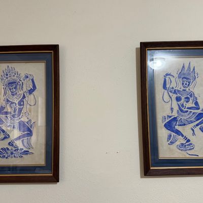 Sale Photo Thumbnail #42: Pair of framed Thai or Cambodian temple rubbings featuring blue apsara dancers on rice paper in dark wood frames.