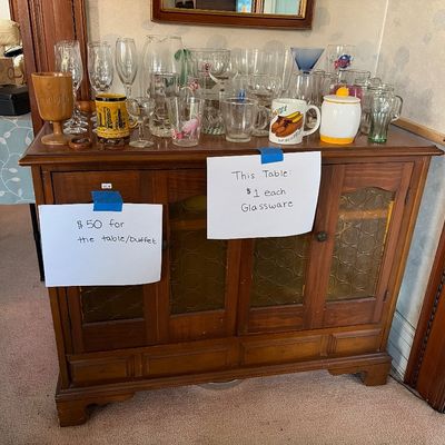 Sale Photo Thumbnail #9: Vintage dark wood buffet server with amber bottle glass cabinet door panels