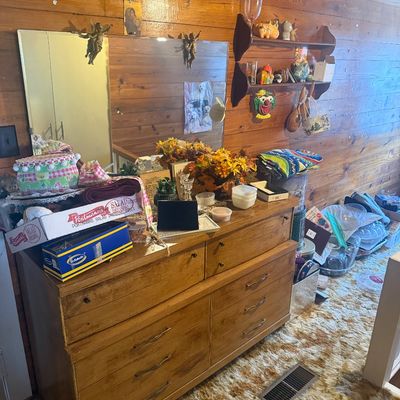 Sale Photo Thumbnail #13: Vintage wood double dresser with attached mirror,.