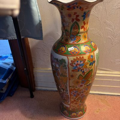 Sale Photo Thumbnail #6: Large Japanese Satsuma-style porcelain floor vase with ruffled rim, polychrome floral and figure panels, and gilded accents.