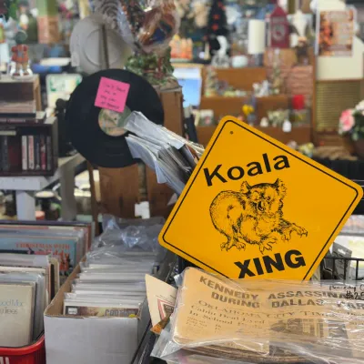 Sale Photo Thumbnail #33: Novelty yellow "Koala XING" street sign displayed alongside vintage vinyl records and historic Kennedy assassination newspapers.