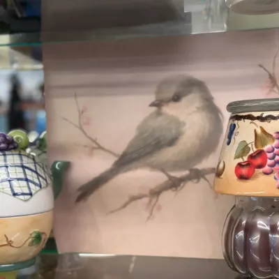 Sale Photo Thumbnail #74: Soft-focus bird art print displayed behind decorative ceramic tabletop items, including a fruit-patterned jar lamp and a checkered teapot.