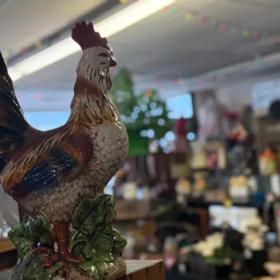 Sale Photo Thumbnail #50: Vintage ceramic rooster figurine featuring hand-painted details and a crazed glaze finish.