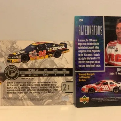 Two 1997 Upper Deck NASCAR trading cards featuring David Green and John Andretti.