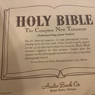 Title page for a 1953 Audio Book Co. 16 rpm vinyl record set of the Holy Bible: The Complete New Testament.