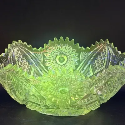  Antique American Brilliant Cut Glass Bowl With Hobstars, Fans, and Sawtooth Edge 