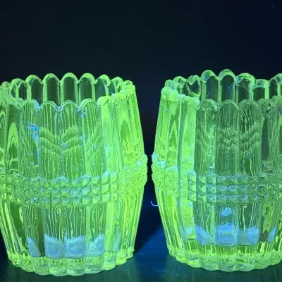 (2) 1890s EAPG Bryce Higbee Beauty Banded Barrel Glass Toothpick Holders 