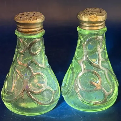 Art Nouveau Salt & Pepper Shakers With Silver Tone Overlay 
