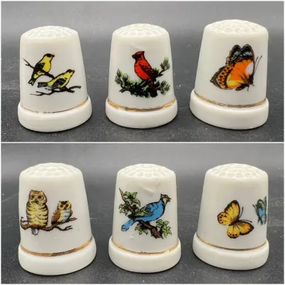 (6) Porcelain Gold Trimmed Thimbles — Birds & Butterflies 