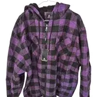 Adidas purple and black plaid fleece-lined hooded jacket on a wire hanger, featuring front chest pockets and original tags attached.