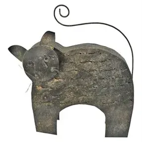 Rustic metal cat sculpture with textured layered body and curly wire tail, featuring a weathered patina.