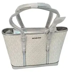 Michael Kors white and silver MK logo print tote bag, new with protective handle wrapping.