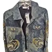 Chico's acid-wash denim jacket featuring gold metallic embroidery and sequin embellishments on a plastic hanger with original tags...