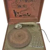 Vintage children's portable record player featuring a nursery rhyme illustration on the inner lid, mid-20th century.
