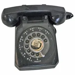 Vintage black Western Electric Model 500 rotary desk telephone with coiled handset cord.