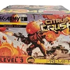 Box of HK Army Citrus Crush .68 caliber Level 3 Premier orange-scented paintballs containing 2,000 rounds.