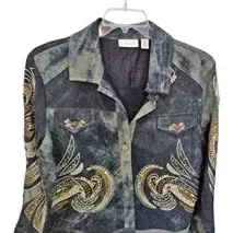 Chico's acid-wash denim jacket featuring intricate gold and silver beaded and embroidered scrollwork details.