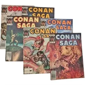 Collection of five Marvel Conan Saga comic magazines, dating from the 1980s.