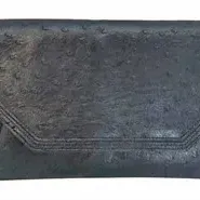 Black ostrich skin envelope clutch purse with topstitched trim.