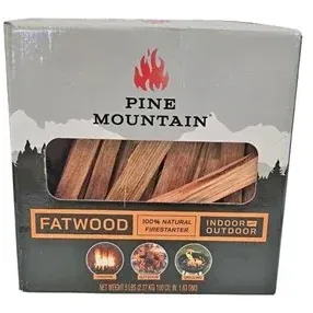 Pine Mountain 5-pound box of 100% natural fatwood firestarter sticks, suitable for indoor and outdoor use.