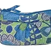 Vera Bradley quilted cotton shoulder bag featuring a blue and green floral pattern with zippered closure and front slip pocket.