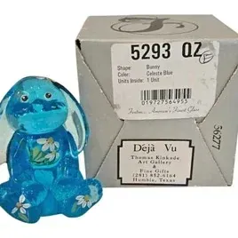 Fenton hand-painted Celeste Blue glass bunny figurine with original box, featuring painted floral details.